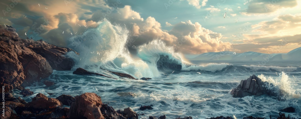 Obraz premium Tsunami wave crashing against a rocky coastline, 4K hyperrealistic photo