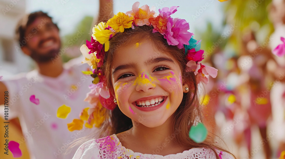 Joyful girl celebrating with vibrant colors during a traditional festival Joyful girl celebrating with vibrant colors during a traditional festival