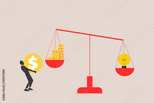 Businessman with unbalanced scales, light bulb vs money. Weight of people ideas and time greater
