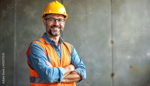 Portrait of a Smiling Construction Worker in Hard Hat and Safety Vest at a Job Site – Confident Engineer Ready for Work. 