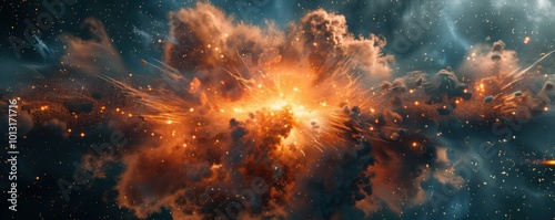 Intense conical explosion with shimmering cosmic dust, 4K hyperrealistic photo