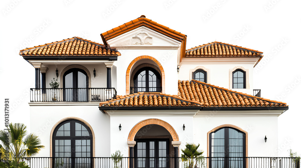 Luxurious Mediterranean Style Villa with Arched Windows and Terracotta Roof on Transparent Background, Perfect for Real Estate and Architectural Photography