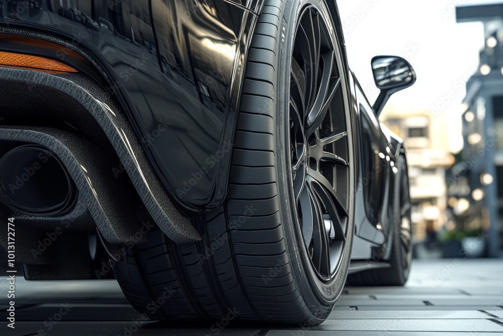 Close-Up of a Rear Car Tire Showcasing Technical Design Close-Up of a Rear Car Tire Showcasing Technical Design
