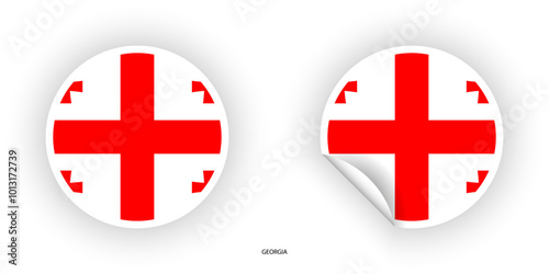 Georgia sticker flag in circle shape and circle peeled shape on white background. Georgia flag icon in circular form.	