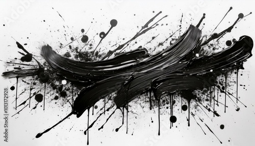 black brush stroke and graffiti spray with paint splashes on white background; abstract art collage; modern design