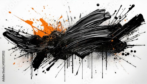 black brush stroke and graffiti spray with paint splashes on white background; abstract art collage; modern design
