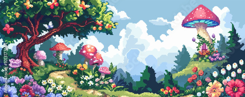 Draw pixel art of a magical fairyland with flowers, pixel art on white isolated background, vector design.