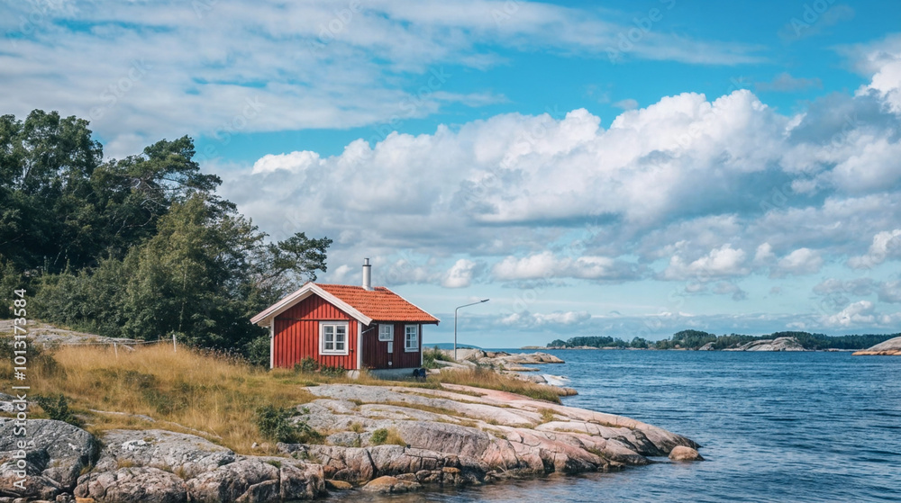A small red house with white trim on the water's edge. The sky is cloudy and blue. Nordic and Scandinavian lifestyle A small red house with white trim on the water's edge. The sky is cloudy and blue. Nordic and Scandinavian lifestyle