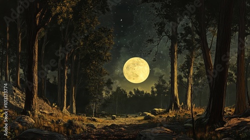 Full Moon Illuminating Dark Woods in Fantasy Forest Panorama