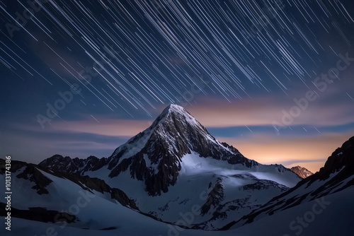 Star Trails Over Snow-Capped Mountain Peaks at Night