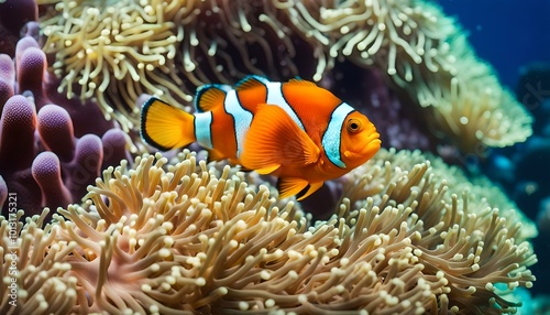 Cute anemone fish playing on the coral reef, beautiful color clownfish on coral reefs, anemones on tropical coral reefs 