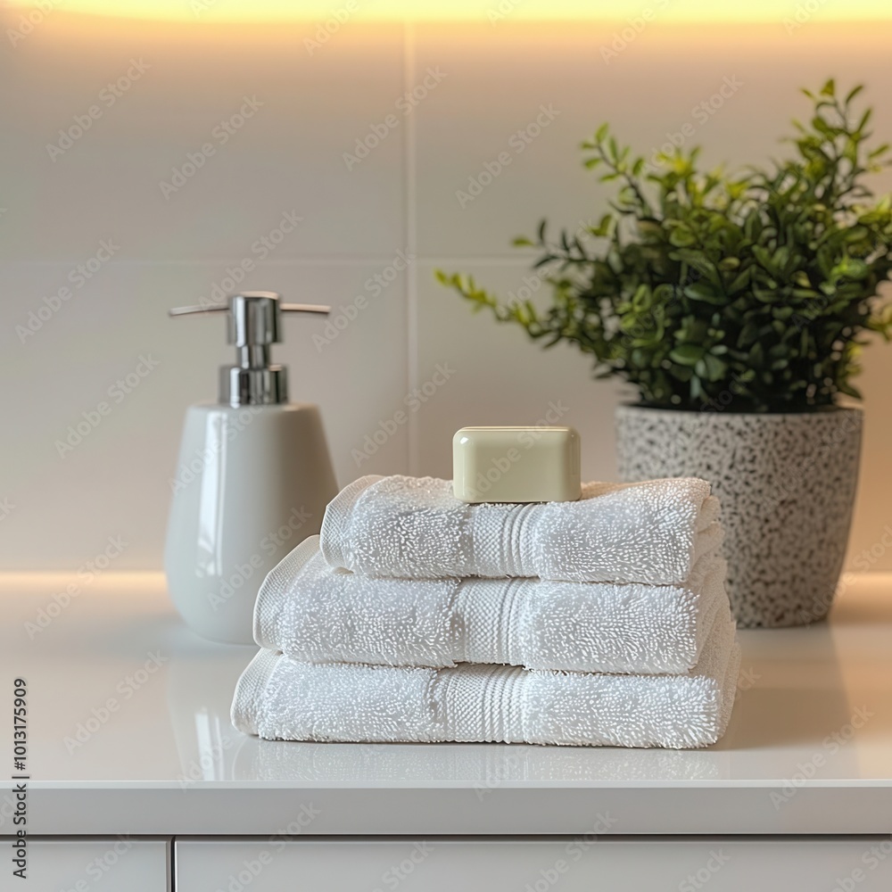 Minimalist white vanity with neatly folded towels