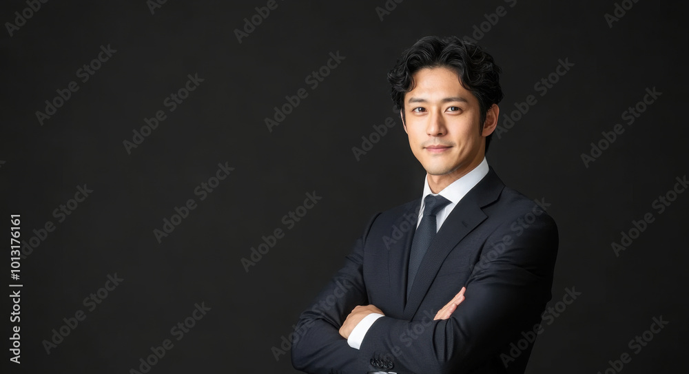 A young Japanese businessman in a suit, standing with his arms crossed over his chest and looking at the camera, isolated on a black background. A young Japanese businessman in a suit, standing with his arms crossed over his chest and looking at the camera, isolated on a black background.