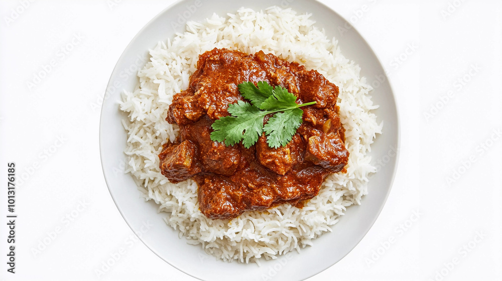Top view of mutton curry served with rice on white background Top view of mutton curry served with rice on white background