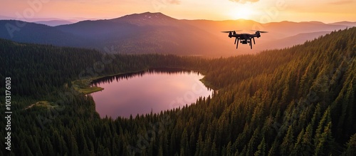 Drone Flying Over Mountain Lake at Sunset