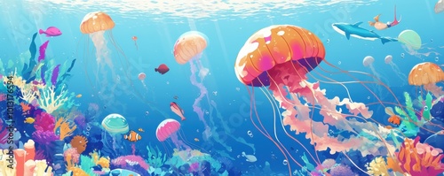 Delightful cartoon jellyfish and fish in the water, thick lines, simple and fun design, no shading, 4K hyperrealistic photo