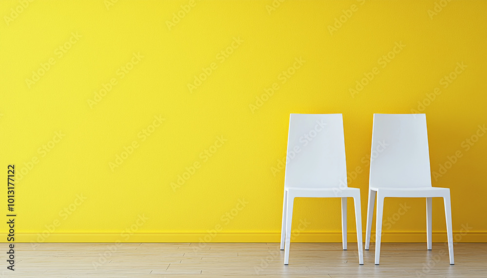 A minimalist scene featuring two white chairs against a vibrant yellow wall, creating a bright and inviting atmosphere.