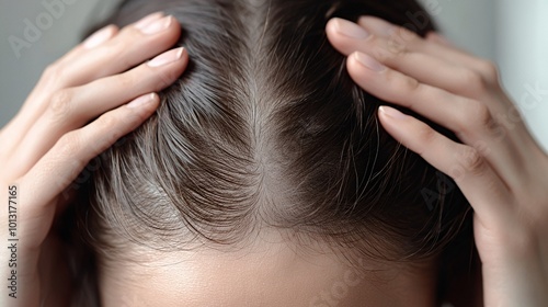 Close-up of woman's scalp with fingers parting hair.