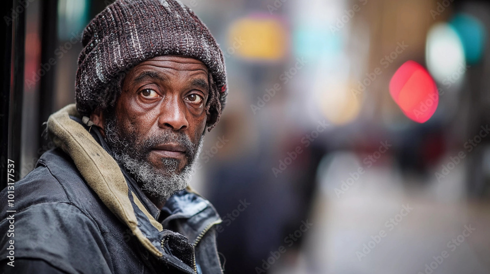 Fototapeta premium Portrait of poor homeless man on the street