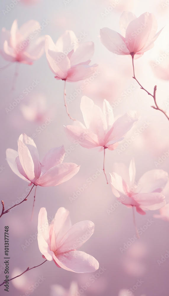 Fototapeta premium Ethereal Pink Blossoms in Soft Light: Delicate pink flowers in full bloom, captured in dreamy, soft focus, vertical wallpaper/background.
