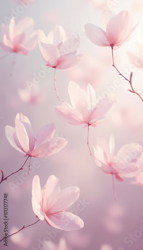 Ethereal Pink Blossoms in Soft Light: Delicate pink flowers in full bloom, captured in dreamy, soft focus, vertical wallpaper/background.