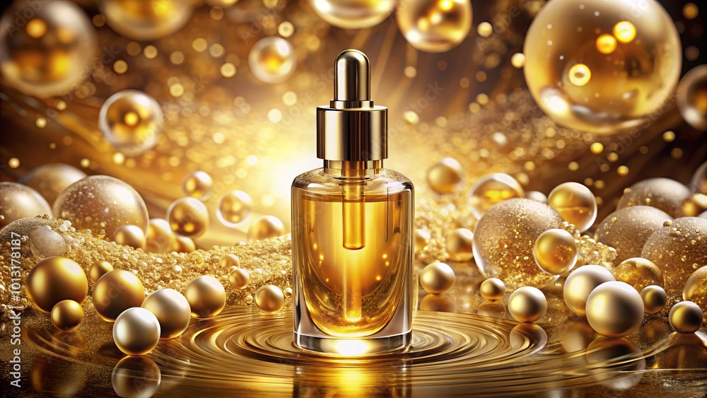 Experience the allure of luxurious golden cosmetic oil, adorned with delicate bubbles, offering a sumptuous texture