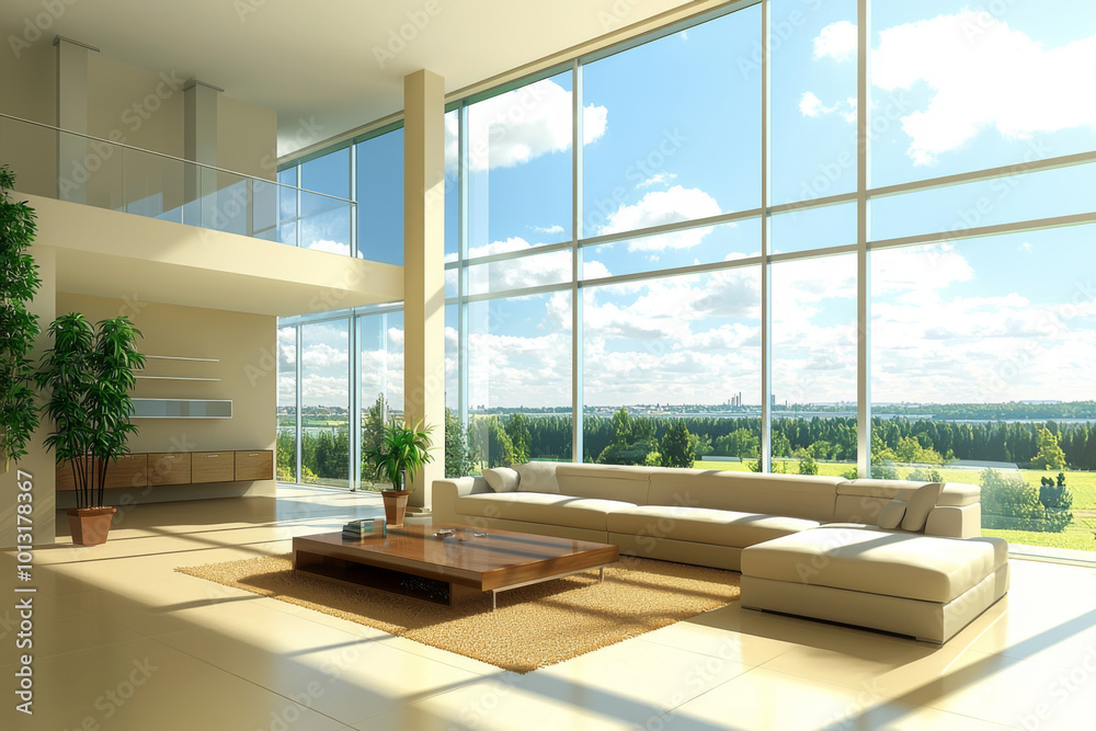 A bright, modern living room with large windows showcasing a scenic view, featuring minimalist furniture and greenery.