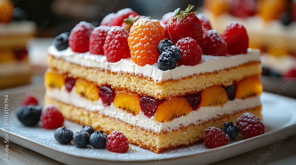 A slice of cake with layers of whipped cream, fruit, and sponge cake, decorated with fresh berries and powdered sugar.