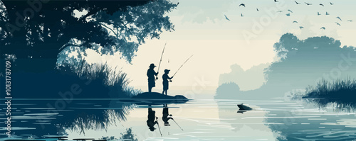 Fishing trip, anglers with rods and fish, serene nature silhouettes, black silhouette, vector illustration, flat style. photo