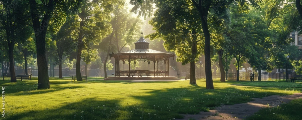 Obraz premium Park with a historic bandstand and manicured lawns, 4K hyperrealistic photo,