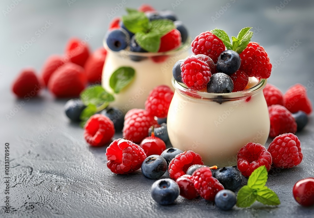 Close-Up of Glass Jars Filled with Greek Yogurt and Fresh Berries. Close-Up of Glass Jars Filled with Greek Yogurt and Fresh Berries.