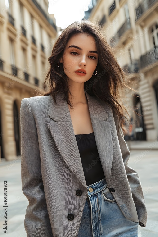 Fototapeta premium Woman wearing structured blazer and jeans