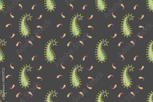 Light green, gold paisley texture fabric pattern. Seamless geometric shapes. Dark gray background. Illustration, vector, scarf.