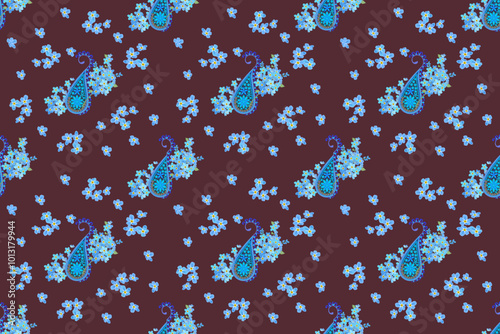 Blue paisley texture fabric pattern with blue flowers. Seamless geometric shapes, dark red background. Illustration, vector, scarf.pattern with hearts