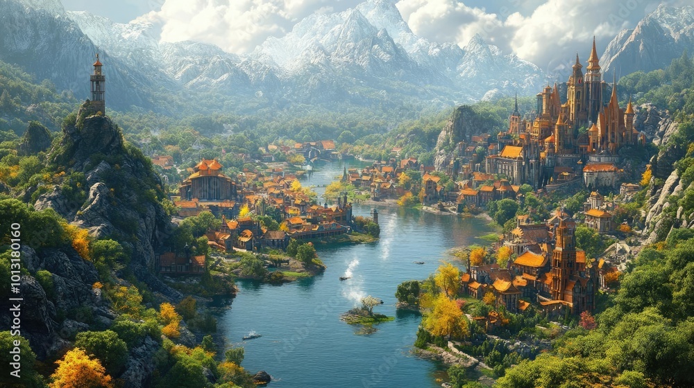 Fototapeta premium Birds-eye view of a vibrant fantasy village, nestled among gentle hills and tranquil rivers, simplistic charm and bright colors, breathtaking harmony