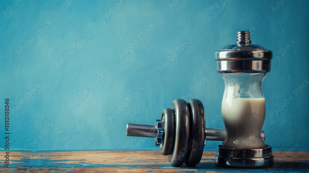 Protein Shake and Dumbbell Ready for a Workout Protein Shake and Dumbbell Ready for a Workout