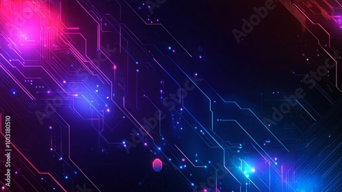 Abstract background with blue and pink glowing circuit board lines on dark background.