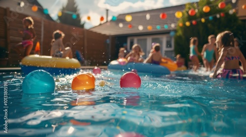Children Enjoy a Fun Party in a Bright Backyard Pool with Colorful Balls and Floats