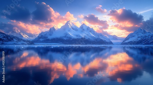 Majestic snow-capped mountains reflected in a still, blue lake at sunset, with vibrant pink and orange clouds.