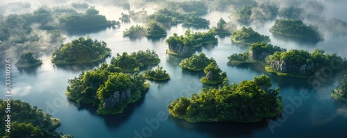 Dramatic aerial view of floating islands and lush greenery, harmonizing fantasy and environmental conservation through drone photography photo