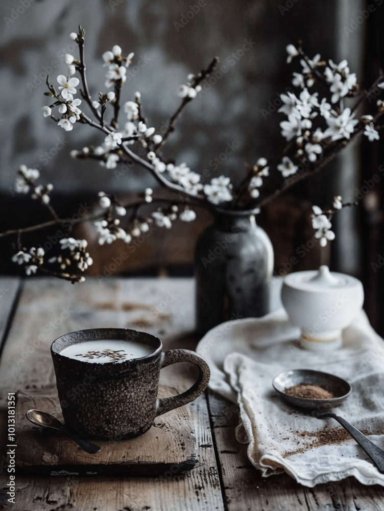 A rustic scene with a dark-colored coffee cup on a wooden table, a vase with branches, and a cloth napkin.