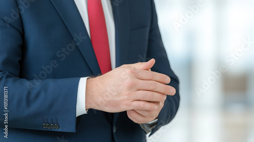 Businessman in a suit and tie standing with hands clasped together, with a blurred office background. The concept is about a business team working hard for success. 