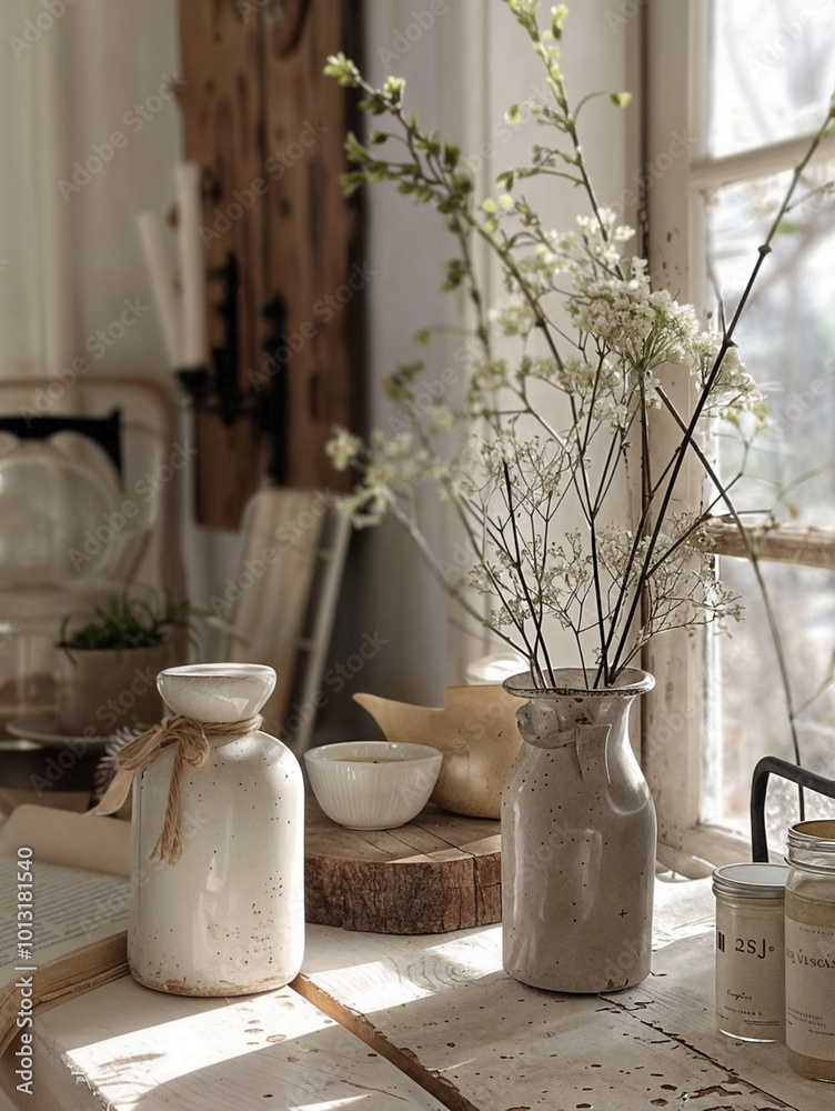 A cozy, well-decorated room with vases filled with dried flowers and plants, set against a window with a view of the street. A cozy, well-decorated room with vases filled with dried flowers and plants, set against a window with a view of the street.