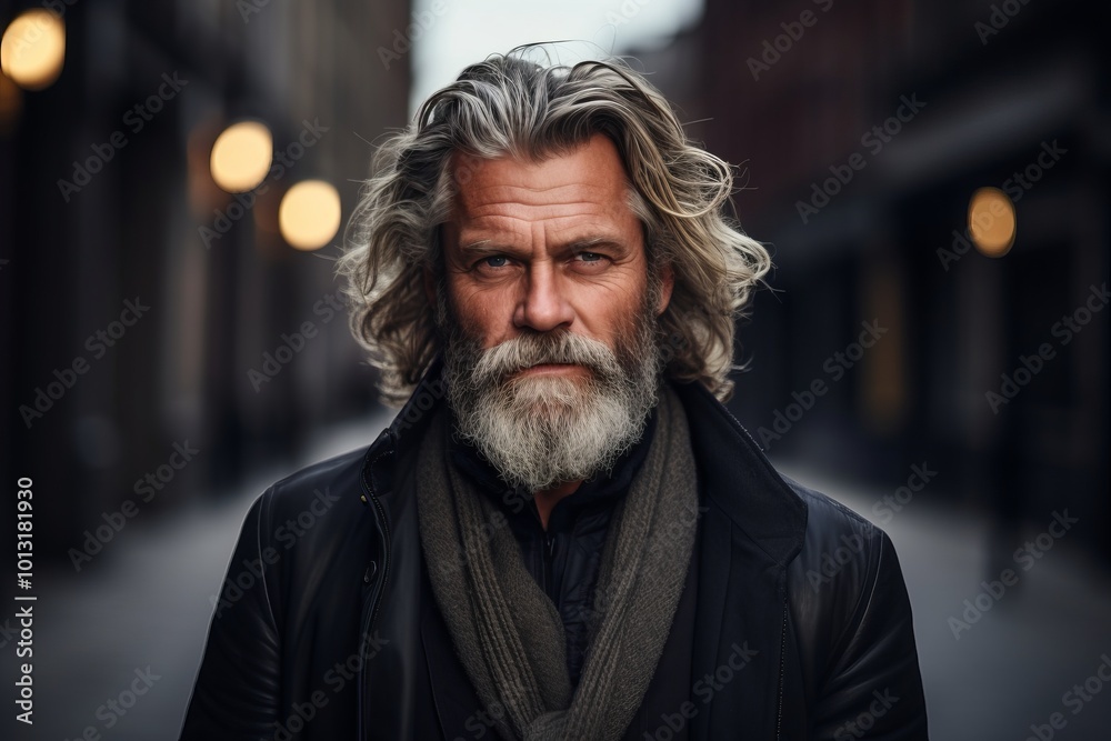Portrait of a handsome senior man with gray beard and mustache in a black leather jacket on a city street. Portrait of a handsome senior man with gray beard and mustache in a black leather jacket on a city street.