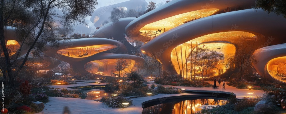 Fototapeta premium Futuristic cityscape where wildlife navigates glowing pathways, innovative lighting illuminating animal behaviors, harmonious blend