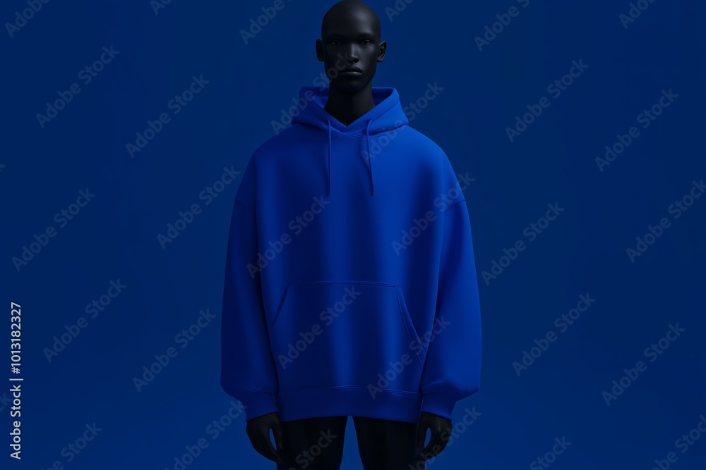 Man with a blue hoodie is standing in front of a wall. He has a beard and is wearing earrings. mockup of a light skinned black male wearing a royal blue hoodie, full body