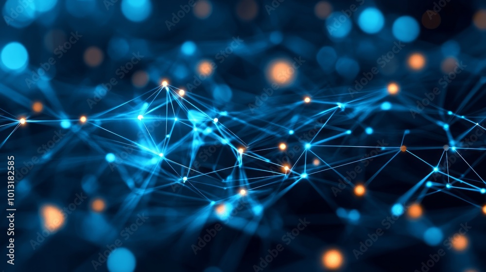 Obraz premium Abstract blue and orange network with connected dots and lines.