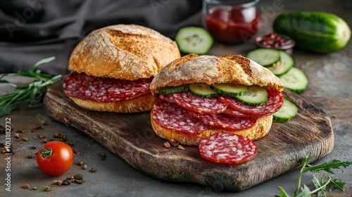 Bun sandwich with salami, pork, tomato, cucumber, and cheese on wood and stone.