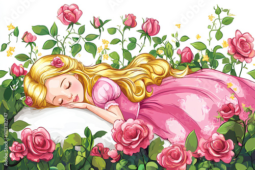 Cartoon scene of rose garden with sleeping princess with white background illustration
