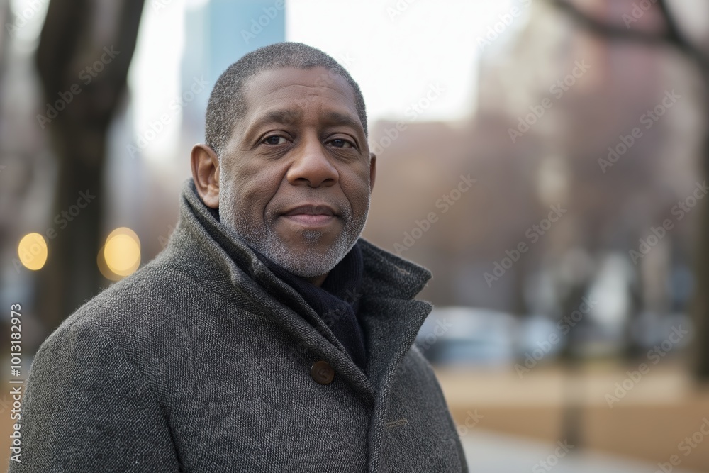 Man wearing a gray coat and a black scarf. He is smiling. The background has trees and a car. portrait of a black male in his 40s facing forward, head only, looking solemn Man wearing a gray coat and a black scarf. He is smiling. The background has trees and a car. portrait of a black male in his 40s facing forward, head only, looking solemn
